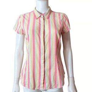 IZOD Button-Down Shirt Womens Pink Multicolor Striped Cotton Short Sleeve